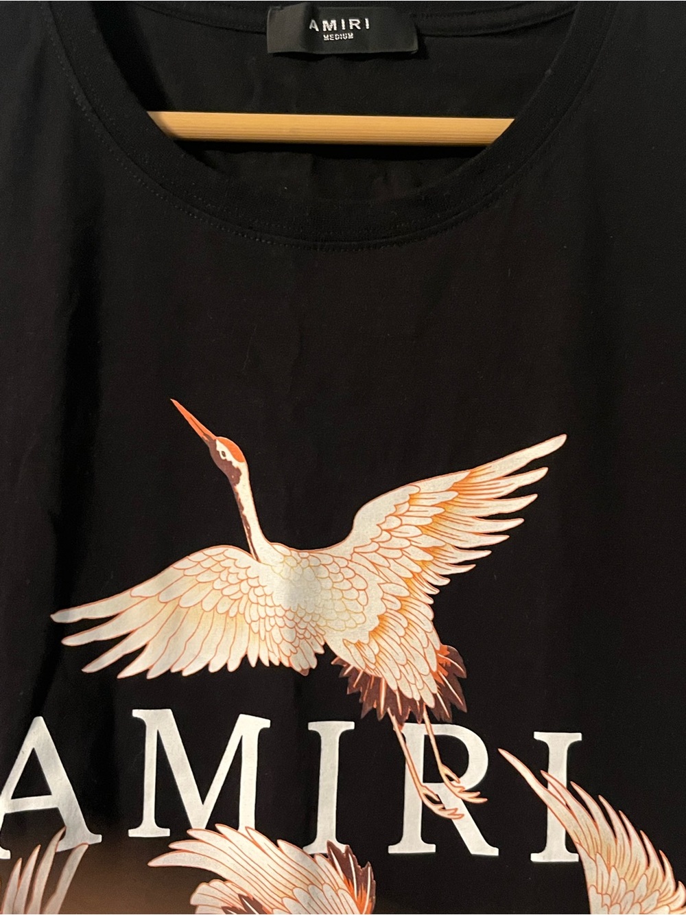 AMIRI Black Tee with Cream & Peach Crane Print - Picture 2 of 4